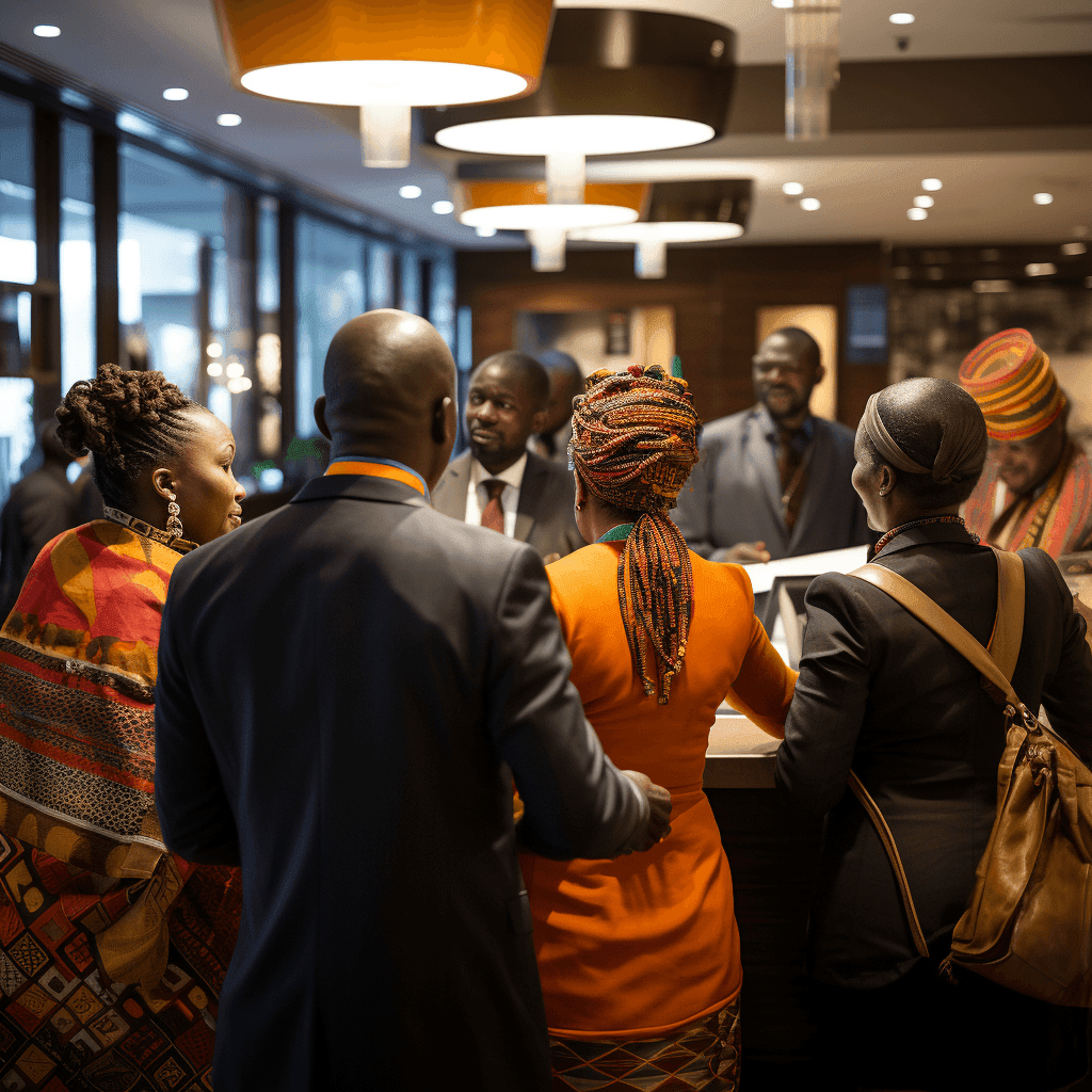Group of people in vibrant traditional clothing standing around a desk in a brightly lit lobby.