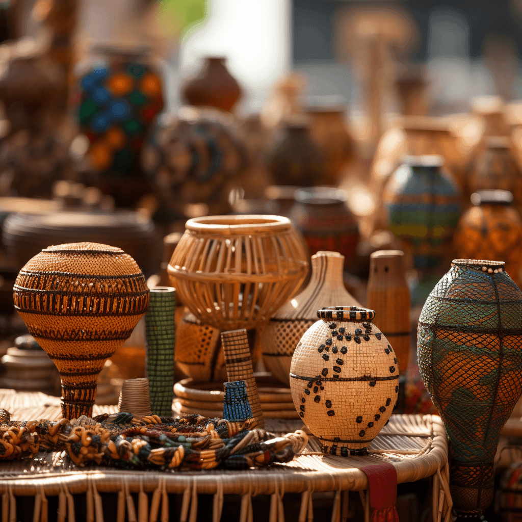 Assorted handcrafted wicker vases and decorative items on display at a market stall under natural daylight.